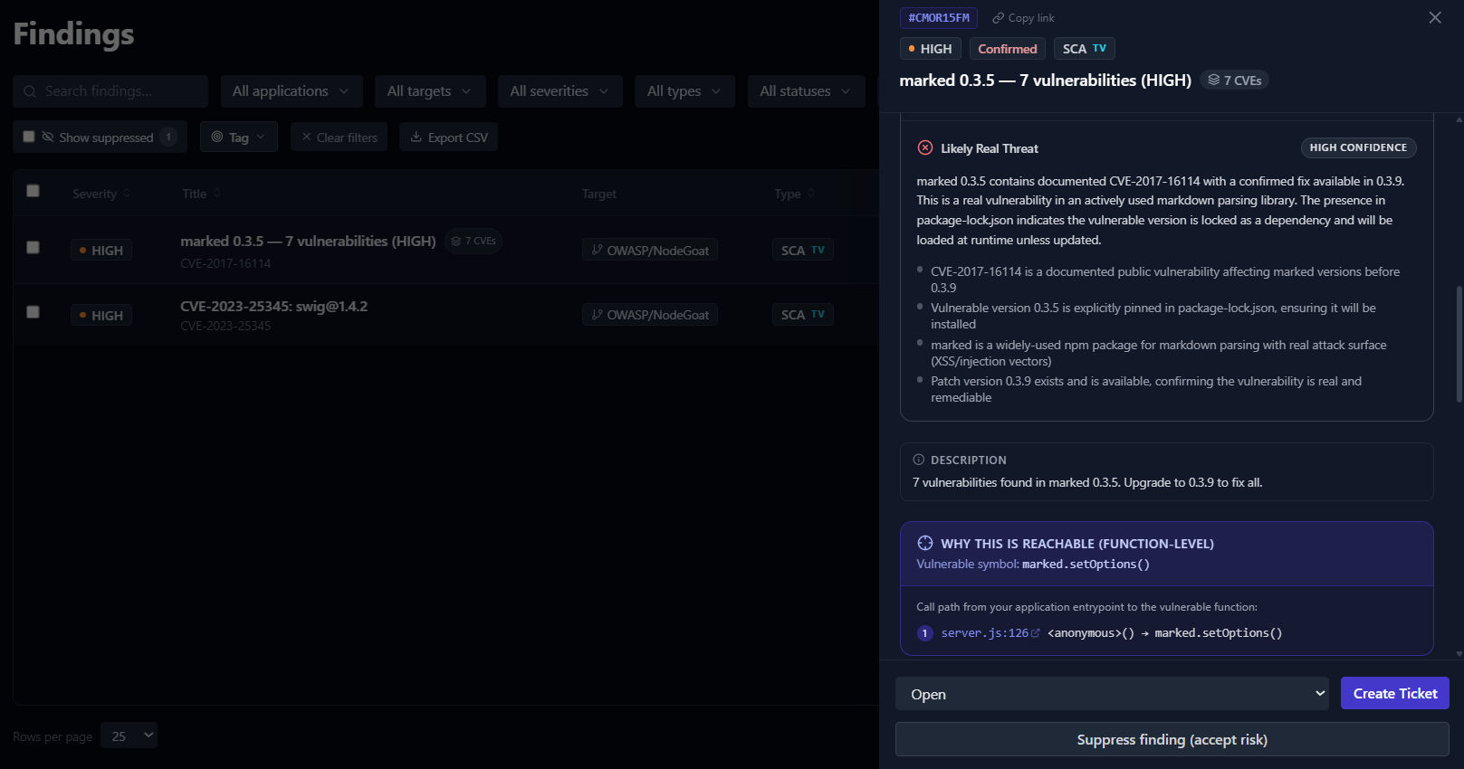 Screenshot of the BreachLens FindingDetailDrawer for a HIGH-severity SCA finding — marked 0.3.5 with seven CVEs. The drawer shows a Likely Real Threat verdict with HIGH CONFIDENCE, a description of CVE-2017-16114, and a Why This Is Reachable (function-level) panel naming the vulnerable symbol marked.setOptions and the call path from server.js:126 through an anonymous function to the vulnerable call