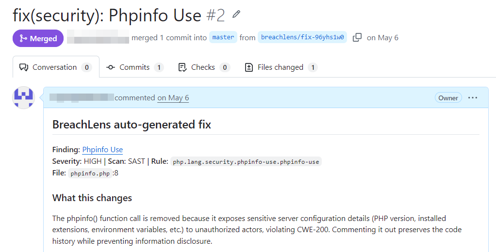 A BreachLens finding with an AI-drafted fix — the misconfiguration on the left, the proposed patch on the right, ready to open as a pull request for review.