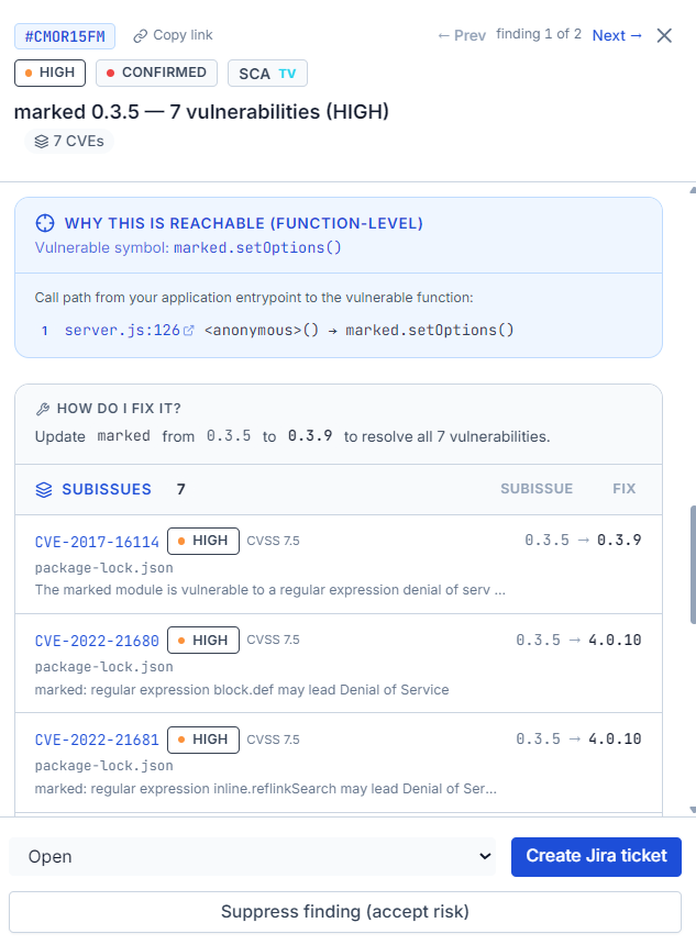 A real BreachLens finding marked CONFIRMED — the function-level reachability panel traces the exact call path (server.js:126 → marked.setOptions()) to the vulnerable function, with the one-step fix (marked 0.3.5 → 0.3.9) and all seven subissue CVEs.