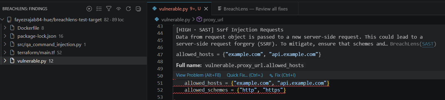 The BreachLens extension in VS Code — a Findings tree in the sidebar, and a HIGH SAST SSRF-injection finding surfaced inline on the code with a one-key Fix action.